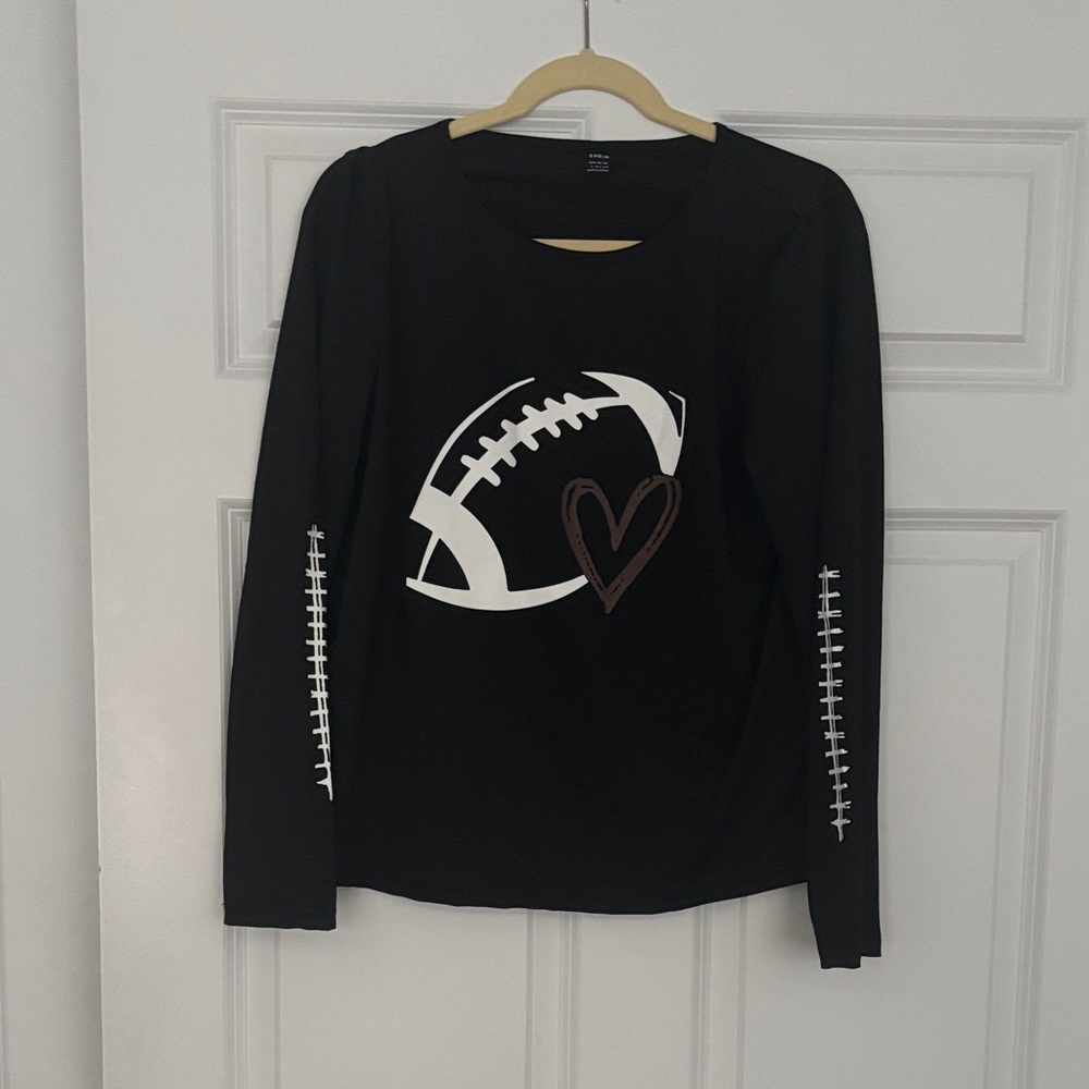 SHEIN Black Long Sleeve Tee with Football Heart Design super soft